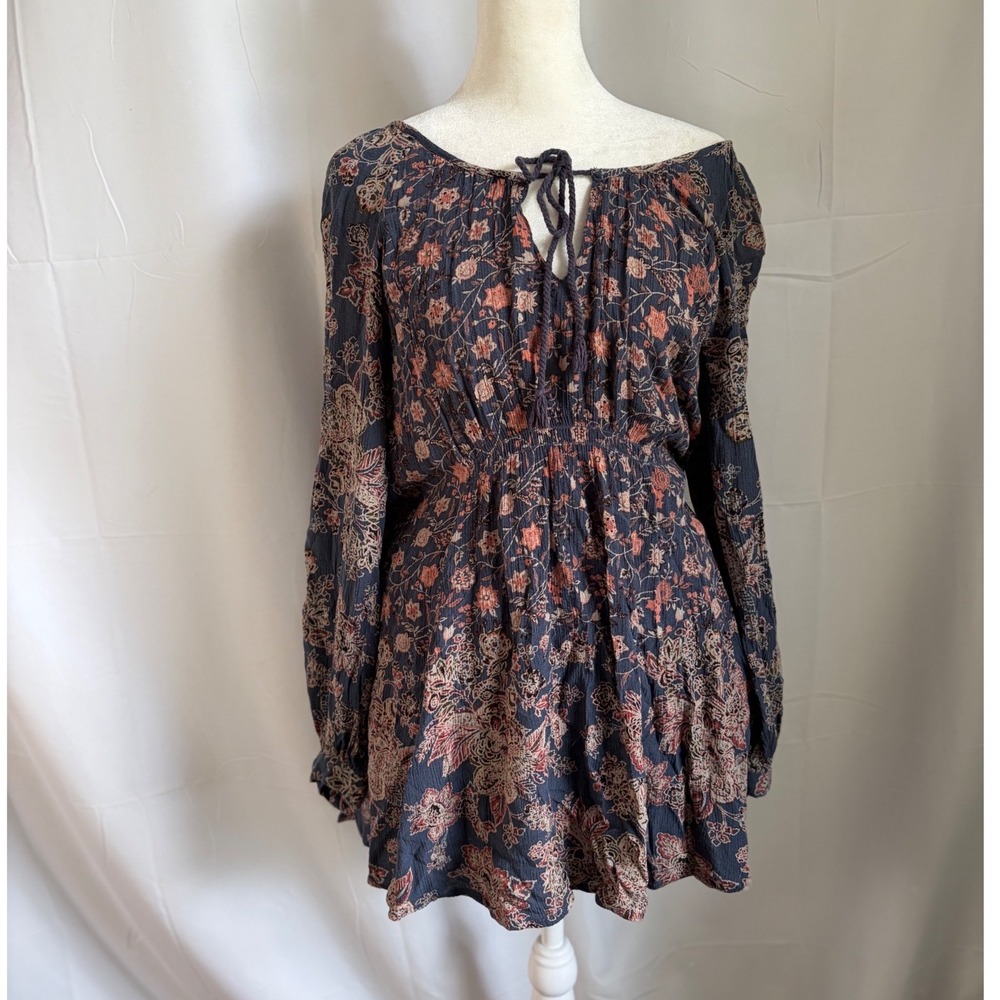 Free People Floral Smocked Waist Mini Dress Blue Orange Boho Peasant Small